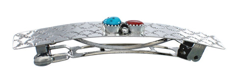Native American Navajo Turquoise Coral Sterling Silver Hair Barrette JX131009